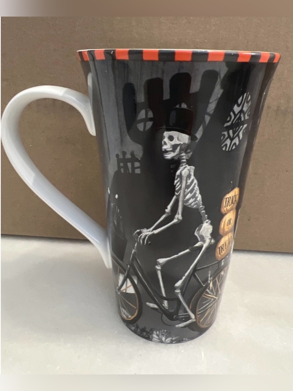 222 Fifth Black & Orange Skeleton Bicycle Tall Ceramic Mug
